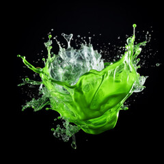 big Splash of shiny green translucent paint with lots of tiny drops on a black background