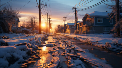 Empty town street under lots of fresh snow and ice partly removed in the sunset with street light on and a warm lighting - obrazy, fototapety, plakaty