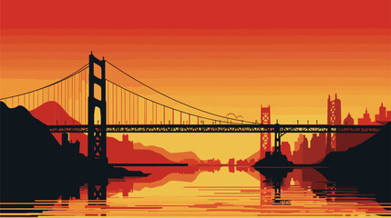bridge in a vector art piece featuring a bridge with architectural elements reflective of a specific time period or cultural influence. - obrazy, fototapety, plakaty