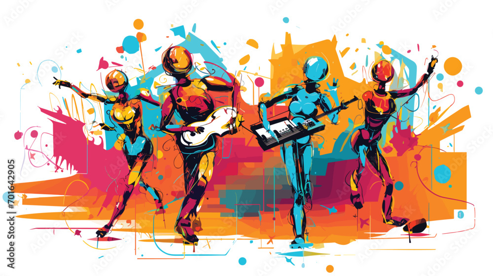 Wall mural robotics in entertainment with a vector art piece illustrating robotic performers on stage. robots e