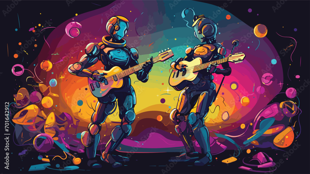 Wall mural robotics in entertainment with a vector art piece illustrating robotic performers on stage. robots e