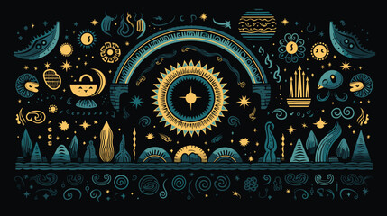 Convey the cultural significance of the moon in a vector art piece showcasing various lunar symbols and representations from different traditions. Illustrate the moon's role in folklore, mythology, an