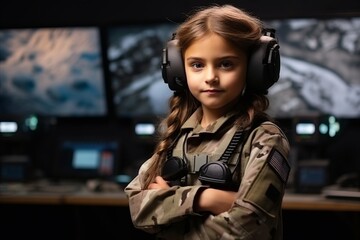 Portrait of a cute little girl in a military uniform with headphones playing video games