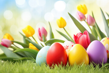 Fototapeta na wymiar Easter eggs and tulips in green grass