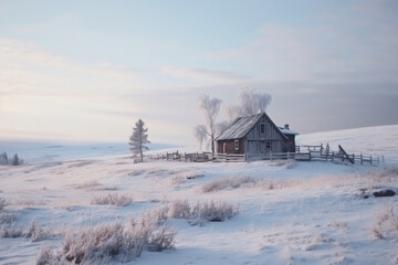 Lonely cozy house on the prairie, in an open area in the winter