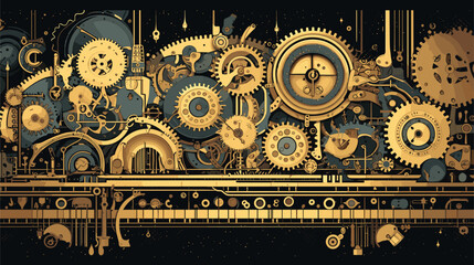 mechanical wonderland with intricate machinery, gears, and clockwork wonders seamlessly integrated into a surreal landscape.  metallic textures