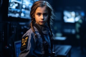 Portrait of a beautiful little girl in a military uniform at night