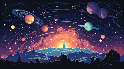 Obraz premium beauty of a cosmic panorama with a vector scene portraying the vastness of space. galaxies, and cosmic phenomena in a harmonious