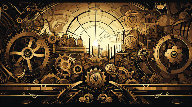 mechanical wonderland with intricate machinery, gears, and clockwork wonders seamlessly integrated into a surreal landscape.  metallic textures