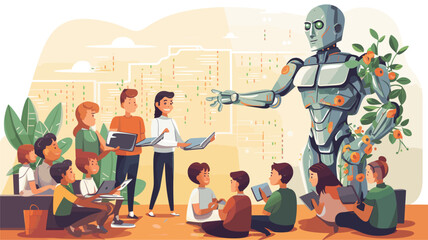 future of education with a vector art piece illustrating AI-powered classrooms. robots assisting teachers, personalized learning through AI algorithms