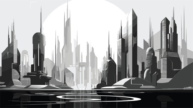 futuristic cityscape in floating city spires. Create floating platforms and towering spires with sleek, modern architecture.