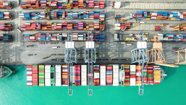 Aerial view time lapse container cargo ship freight shipping by container cargo ship, Global business import export logistic container, Timelapse 4K