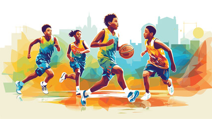 Naklejka premium basketball in a vector art piece showcasing young players practicing, participating in youth leagues