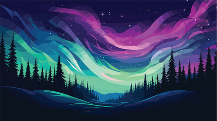 celestial dance of auroras in a vector art piece. vibrant ribbons of light dancing across the polar skies, painting the darkness with hues of green, pink, and violet.