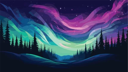 Fotobehang celestial dance of auroras in a vector art piece. vibrant ribbons of light dancing across the polar skies, painting the darkness with hues of green, pink, and violet. © J.V.G. Ransika