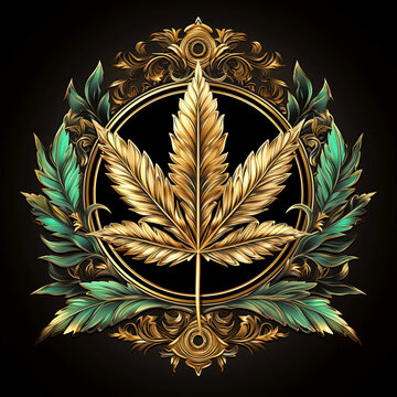 round logo symbol with cannabis marijuana leaves on black background for a legal store