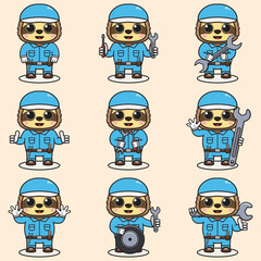 Mascot cartoon of cute Sloth wearing mechanic uniform and cap. Cute Sloth illustration. Character animal. Mechanic cartoon set. Vector illustration in isolated background. 