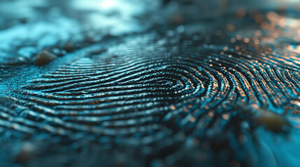 background, a close-up view of a fingerprint pattern with a blue hue, highlighting the intricate lines and ridges. The fingerprint lines are prominently displayed, showcasing their unique patterns. - obrazy, fototapety, plakaty