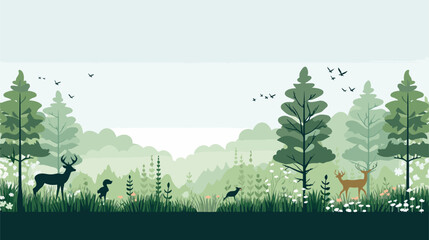 enchanting beauty of a woodland scene in a vector art piece featuring towering trees, woodland plants, and a variety of woodland creatures.  - obrazy, fototapety, plakaty