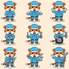 Mascot cartoon of cute Tiger wearing mechanic uniform and cap. Cute Tiger illustration. Character animal. Mechanic cartoon set. Vector illustration in isolated background. 