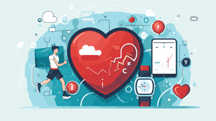 integration of technology into health and fitness routines with a vector art piece showcasing individuals using wearable devices, fitness apps, and smart equipment