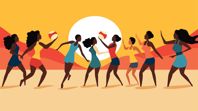 volleyball with a vector scene featuring players from diverse backgrounds, symbolizing the international nature of the sport.