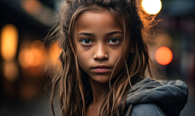 Intense portrait of a young girl with expressive eyes in a dimly lit atmospheric urban setting