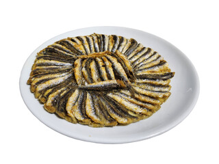 Anchovy fish fried with cornmeal on plate