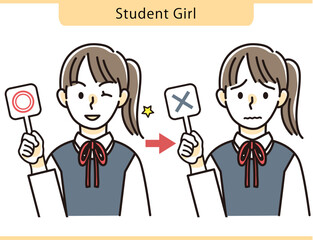 丸・バツのタブを持つ女子学生のイラスト素材