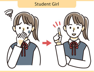 困った女子学生・良いアイデアが思い浮かんだ女子学生 イラスト 素材