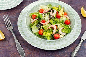 Healthy homemade broccoli salad with shrimp.