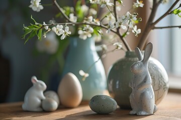 Step into Easter enchantment with vibrant eggs and a playful rabbit. A joyous scene of renewal and celebration unfolds, blending tradition with whimsical elegance.