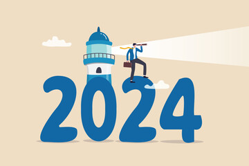 Year 2024 business forecast, prediction or searching new opportunity, success decision or analyze economic and investment concept, businessman look through telescope with 2024 lighthouse guiding.