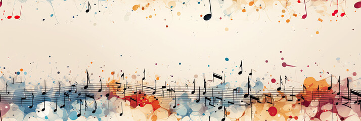musical seamless pattern with multicolored notes, keys and signs on white background - obrazy, fototapety, plakaty
