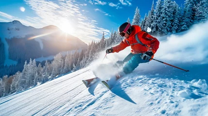 Gordijnen Alpine Skier in action on a sunny mountain slope, Ski resorts, off-piste and an active winter holiday.  © henjon