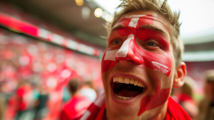 Ecstatic Danish fan with flag face paint at a soccer championship.
