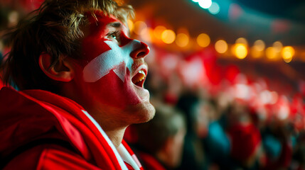 Ecstatic Danish fan with flag face paint at a soccer championship.
 - obrazy, fototapety, plakaty