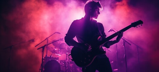 Guitarist performs on stage with band and vibrant lighting. Live music concert.