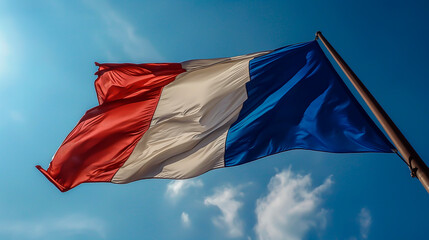 French tricolor flag billowing in the wind under a sunny sky.
