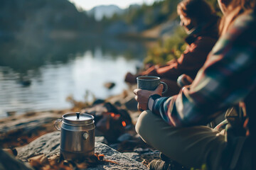 Campers or Hikers with hot drinks by lake at sunset, cozy outdoor moment.
