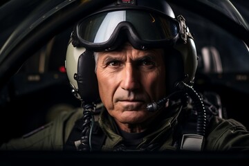 Portrait of an elderly man pilot in the cockpit of a helicopter - obrazy, fototapety, plakaty