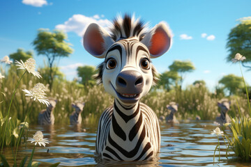 Cartoon cute zebra in nature. Illustration, AI Generative - obrazy, fototapety, plakaty