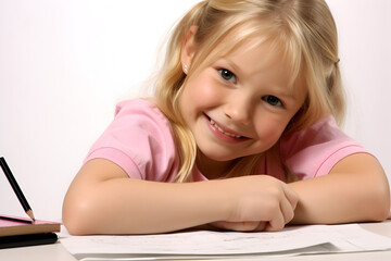 Portrait of a cute little girl with blond curly hair isolated on white background