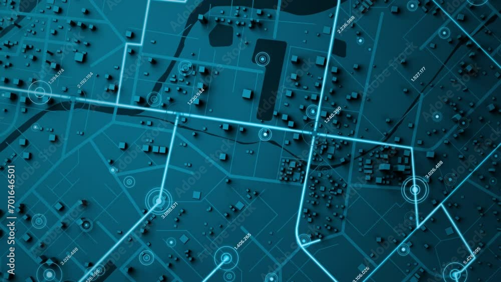 Poster 3d rendering top view city map with navigator line and destination gps technology transportation, fu