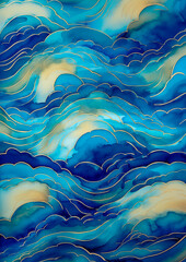 Magical fairytale ocean waves art painting. Unique blue and gold wavy swirls of magic water. Modern navy and yellow sea waves. Children’s book, kids nursery waves cartoon illustration by Vita
