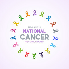 National cancer prevention month is observed every year in february. February is national cancer awareness month. Vector template for banner, greeting card, poster with background. - obrazy, fototapety, plakaty