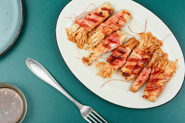 Enoki mushrooms rolls, asian food.