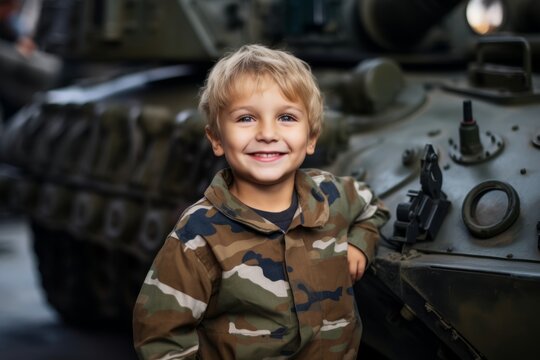 Portrait of a little boy on the background of military equipment.