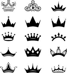 Set of king crowns and icon on white background, royal symbols, Crown icons set, Collection of crown silhouette. - obrazy, fototapety, plakaty