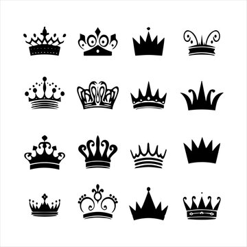 Set of king crowns and icon on white background, royal symbols, Crown icons set, Collection of crown silhouette.